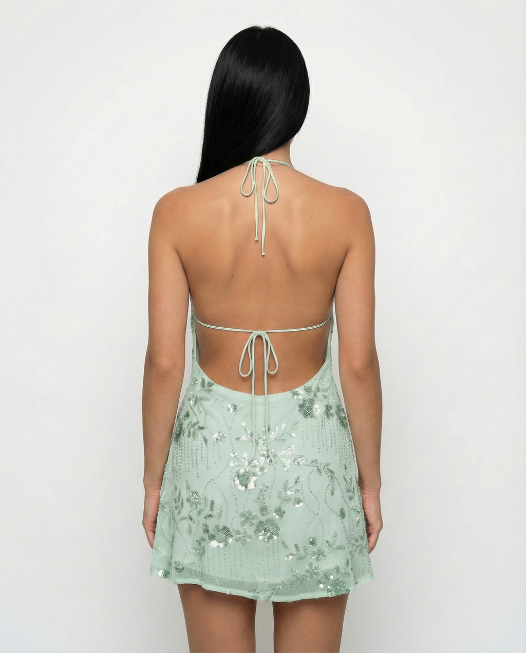 Women's Halterneck Mini Dress with Beaded Floral Design and Open Back - 14