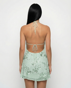 Women's Halterneck Mini Dress with Beaded Floral Design and Open Back - 14