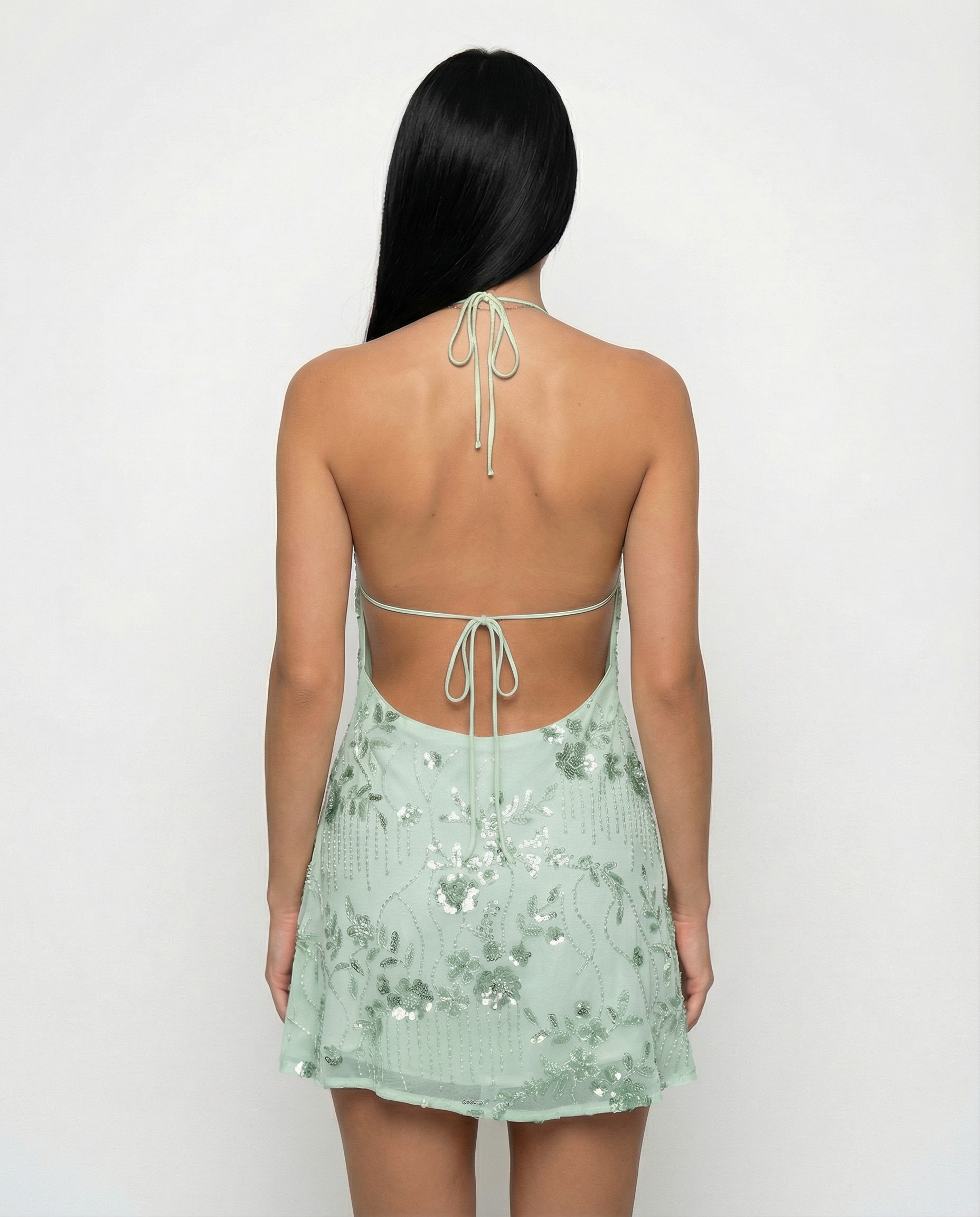 Women's Halterneck Mini Dress with Beaded Floral Design and Open Back - 14