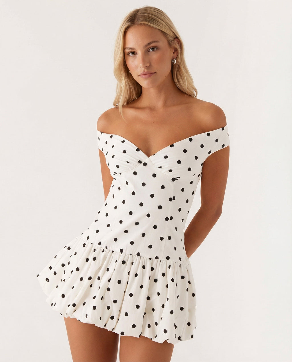 Women's Off-Shoulder Mini Dress with Puff Skirt and Sweetheart Neckline - White Dot