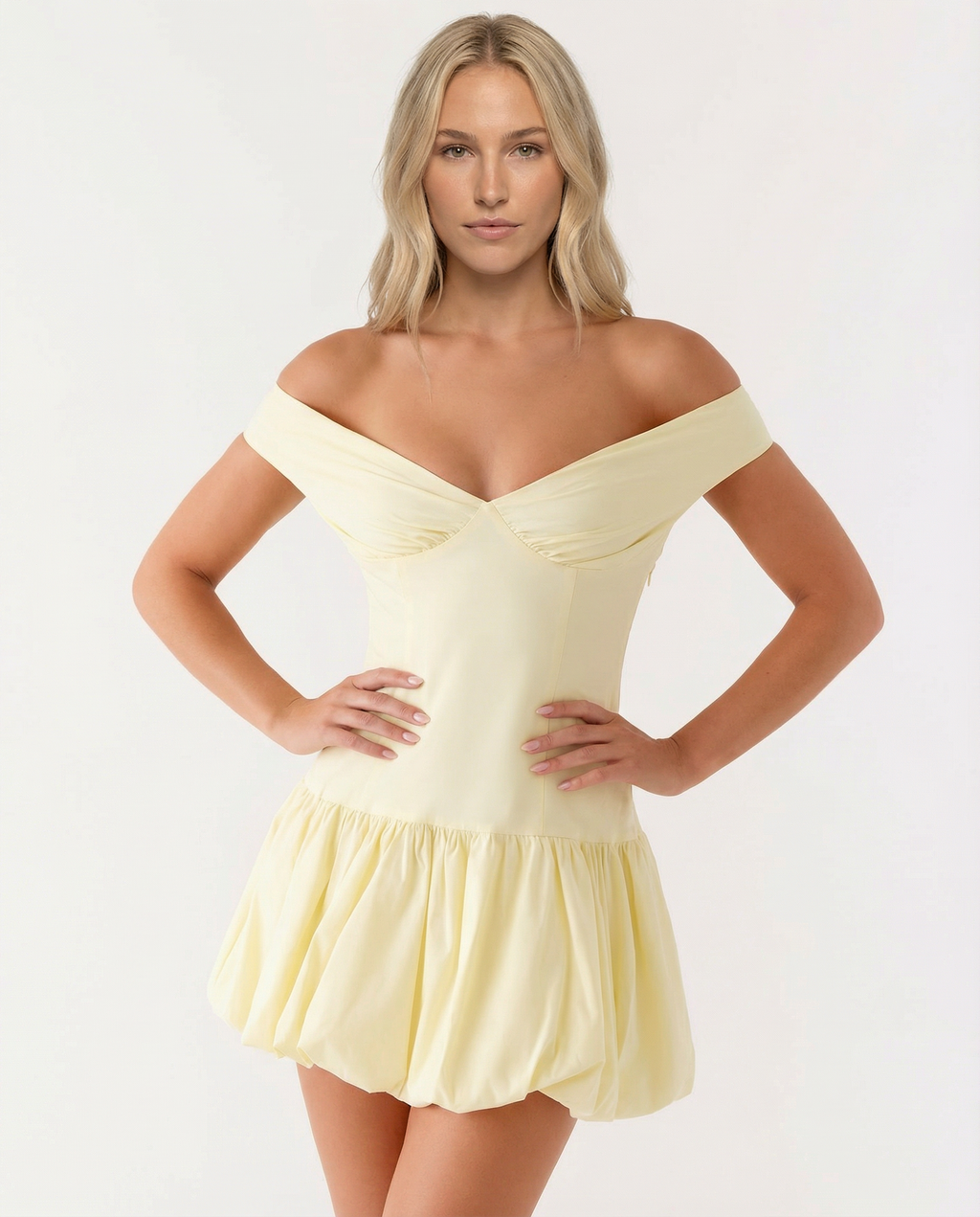 Women's Off-Shoulder Mini Dress with Puff Skirt and Sweetheart Neckline - Yellow