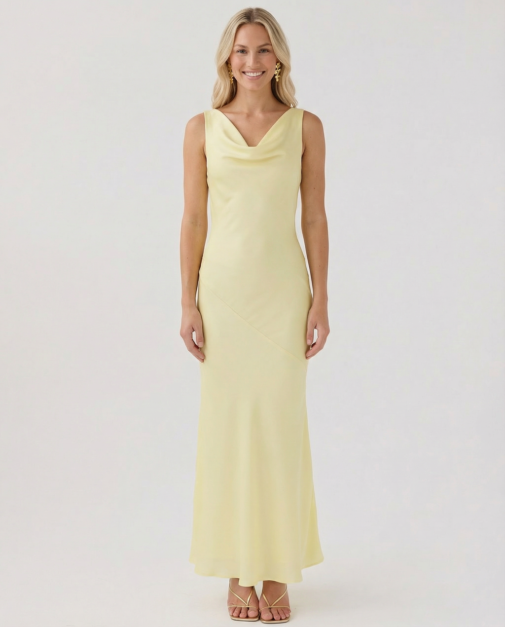 Women's Maxi Dress Sleeveless with Cowl Neck and Open Back - Yellow