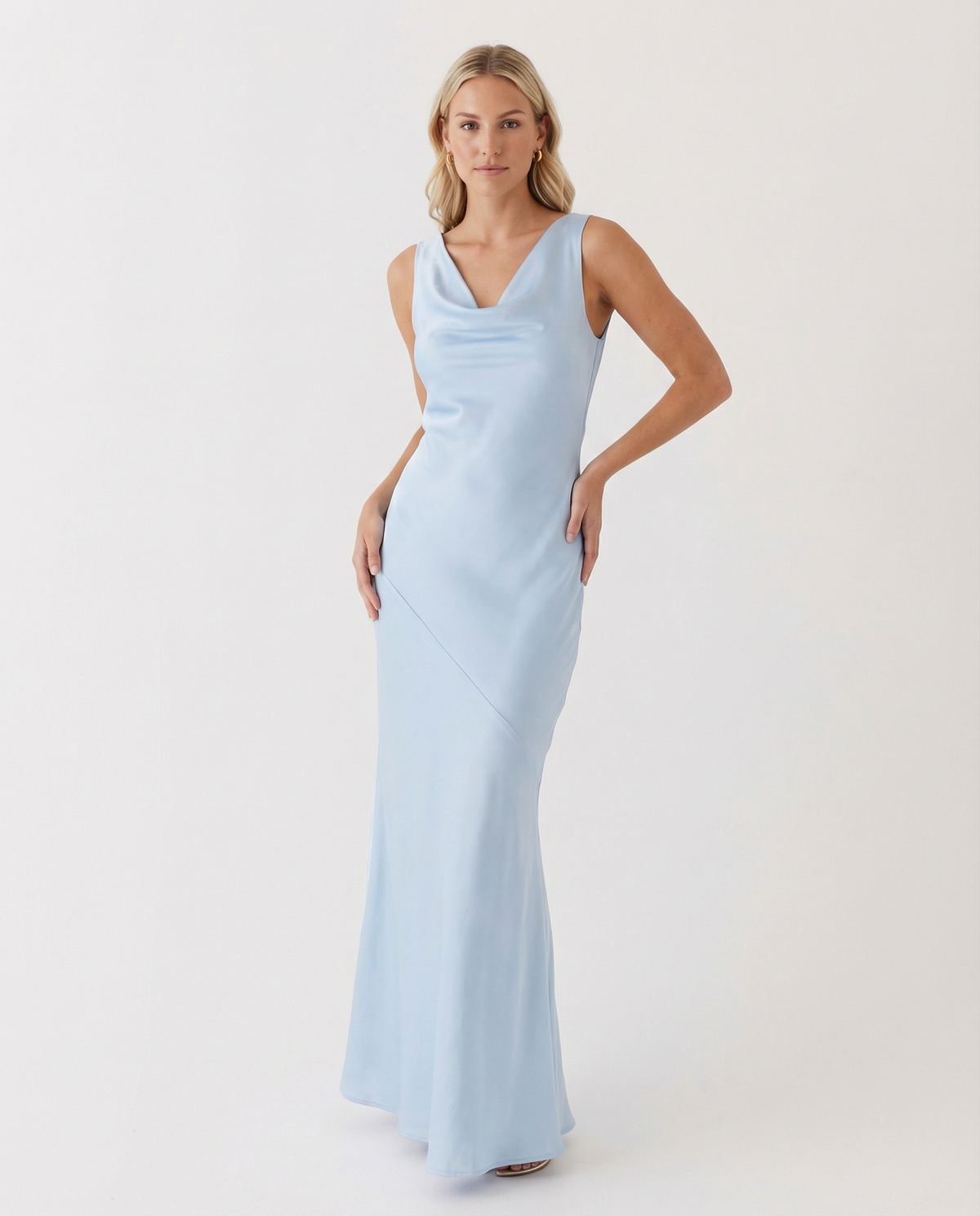 Women's Maxi Dress Sleeveless with Cowl Neck and Open Back - Blue