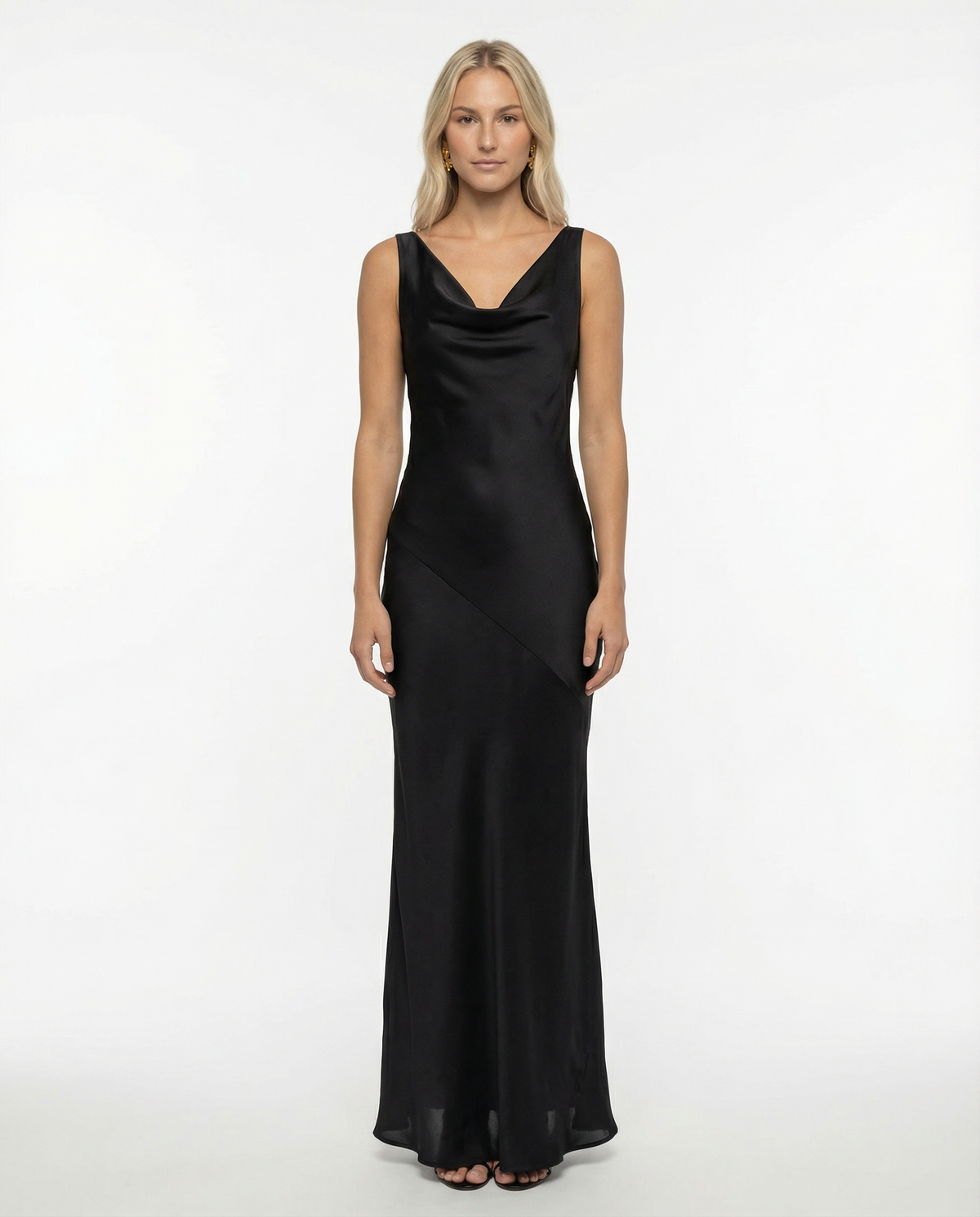 Women's Maxi Dress Sleeveless with Cowl Neck and Open Back - Black