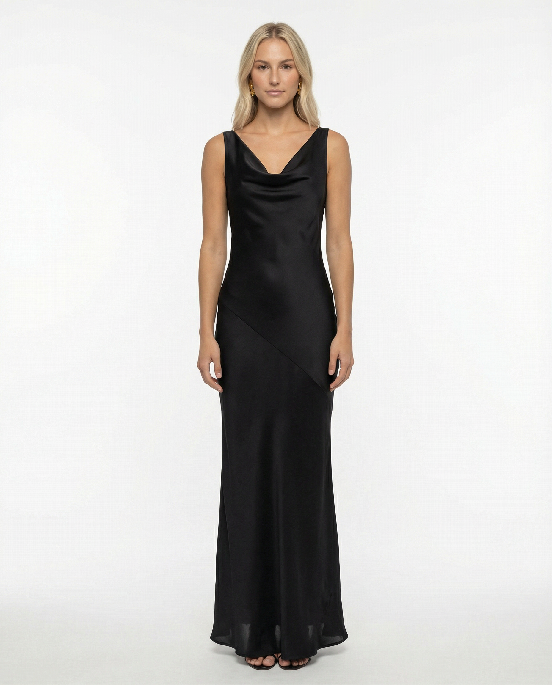Women's Maxi Dress Sleeveless with Cowl Neck and Open Back - Black