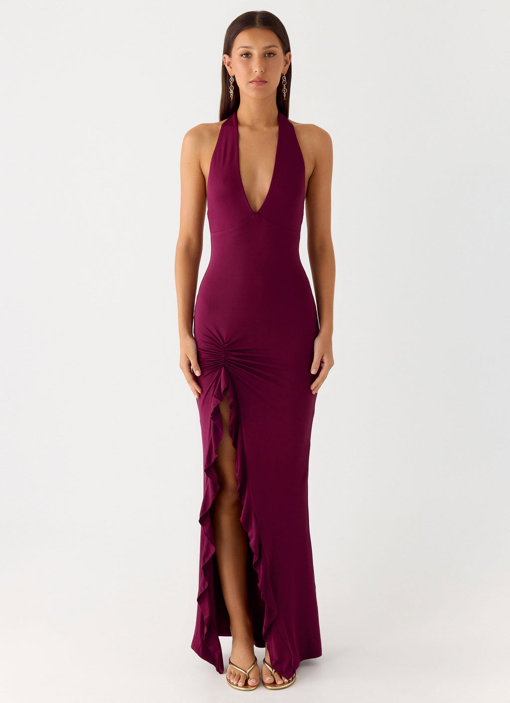 Women's Halter Maxi Dress with Ruffle Thigh Slit and V-Neck - 11