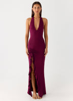 Women's Halter Maxi Dress with Ruffle Thigh Slit and V-Neck - 11