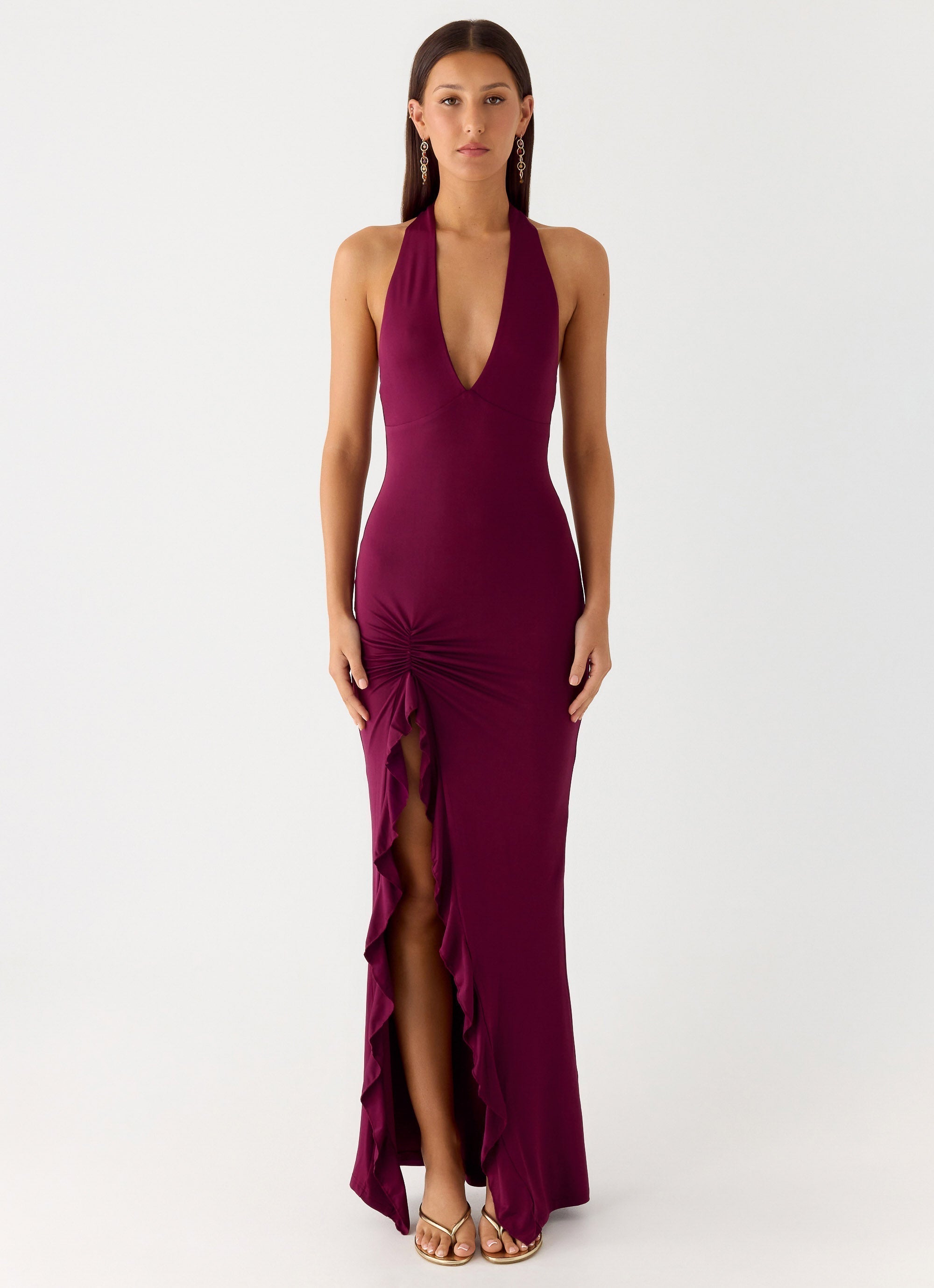 Women's Halter Maxi Dress with Ruffle Thigh Slit and V-Neck - 11