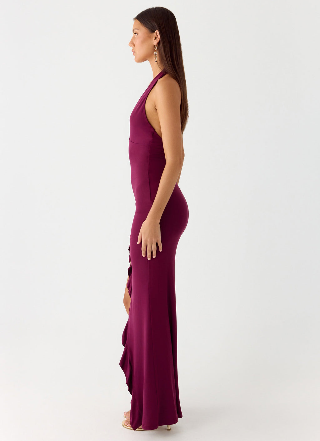 Women's Halter Maxi Dress with Ruffle Thigh Slit and V-Neck - 13