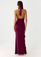 Women's Halter Maxi Dress with Ruffle Thigh Slit and V-Neck - 12