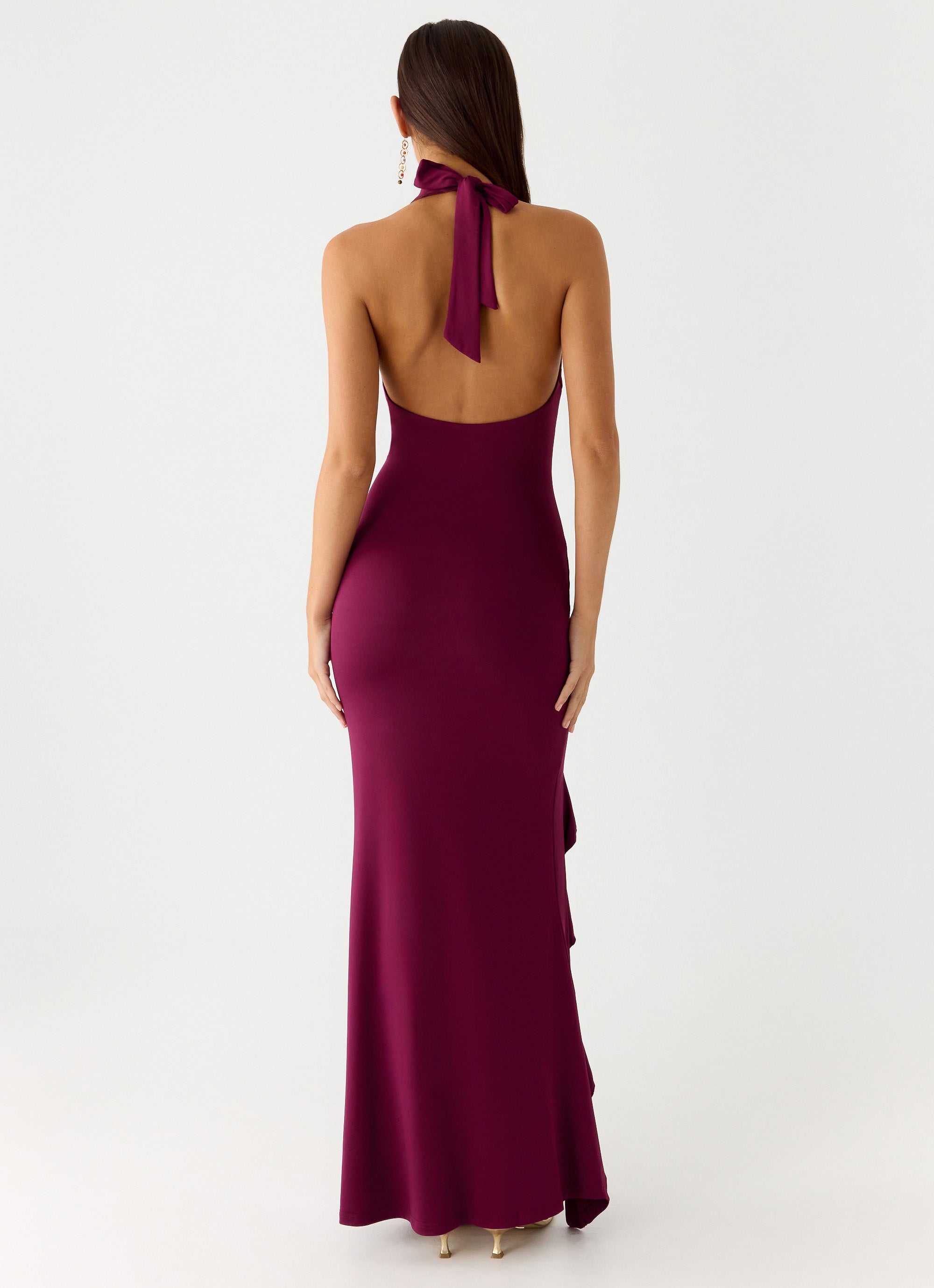 Women's Halter Maxi Dress with Ruffle Thigh Slit and V-Neck - 12