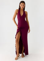 Women's Halter Maxi Dress with Ruffle Thigh Slit and V-Neck - 15