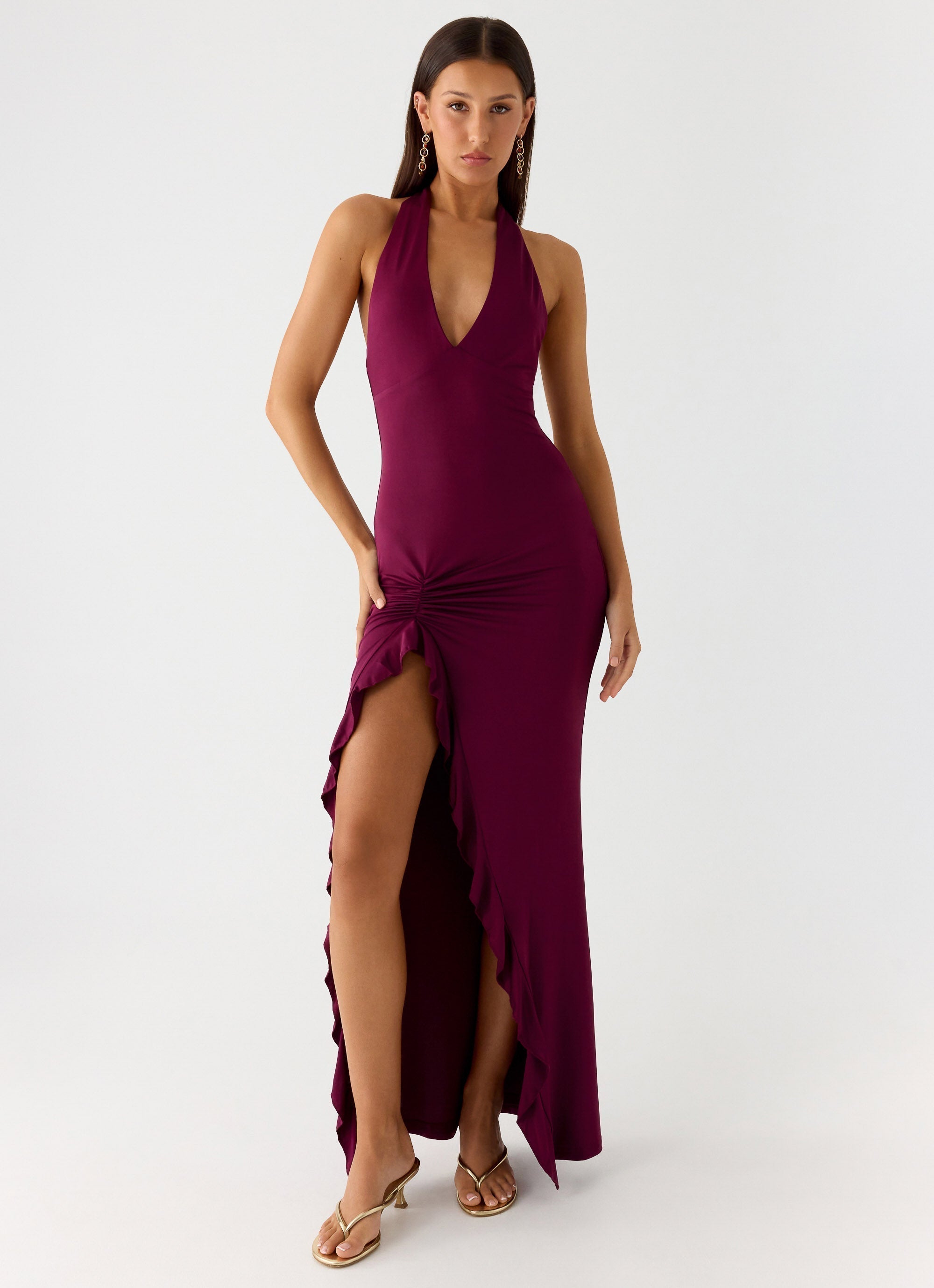 Women's Halter Maxi Dress with Ruffle Thigh Slit and V-Neck - 15