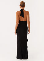Women's Halter Maxi Dress with Ruffle Thigh Slit and V-Neck - 3