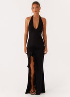 Women's Halter Maxi Dress with Ruffle Thigh Slit and V-Neck - 2