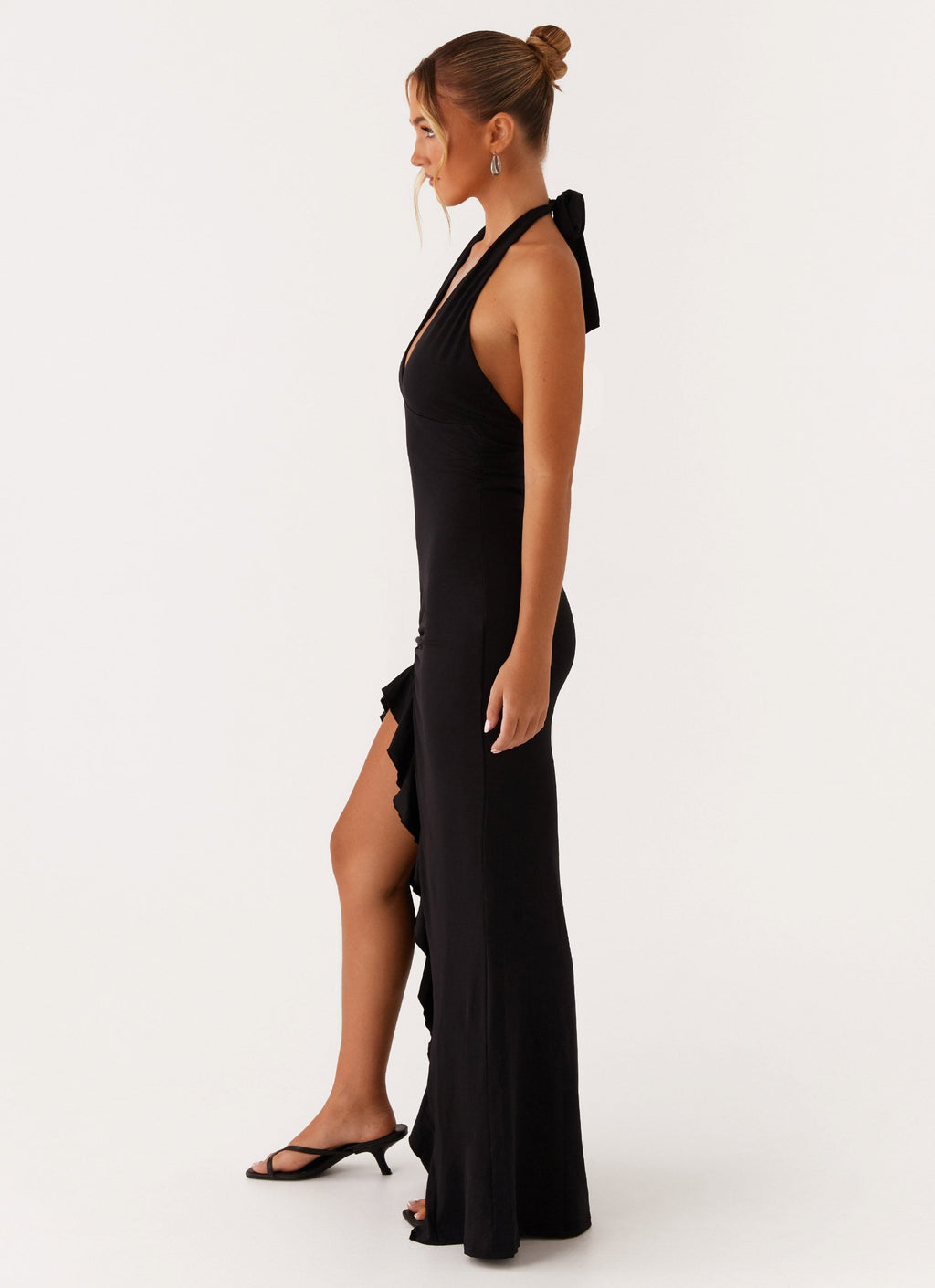 Women's Halter Maxi Dress with Ruffle Thigh Slit and V-Neck - 4