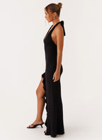 Women's Halter Maxi Dress with Ruffle Thigh Slit and V-Neck - 4