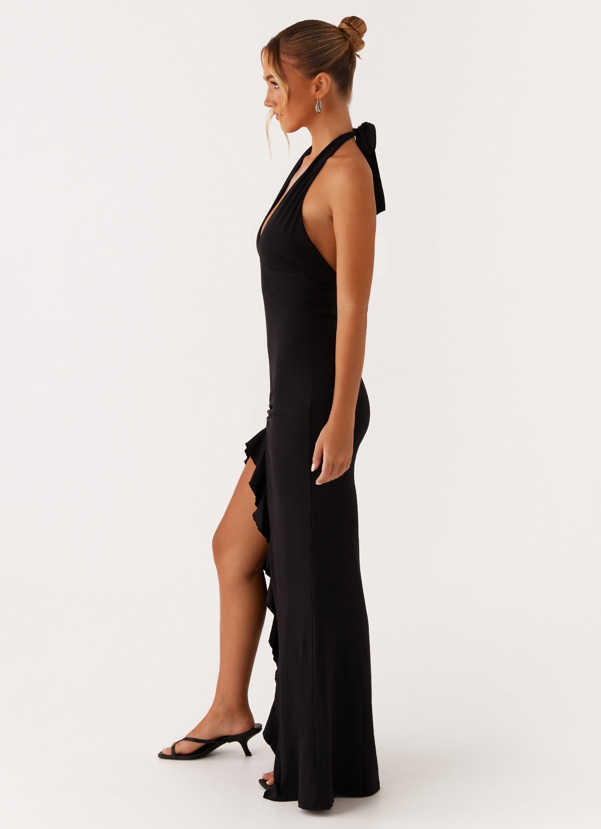 Women's Halter Maxi Dress with Ruffle Thigh Slit and V-Neck - 4