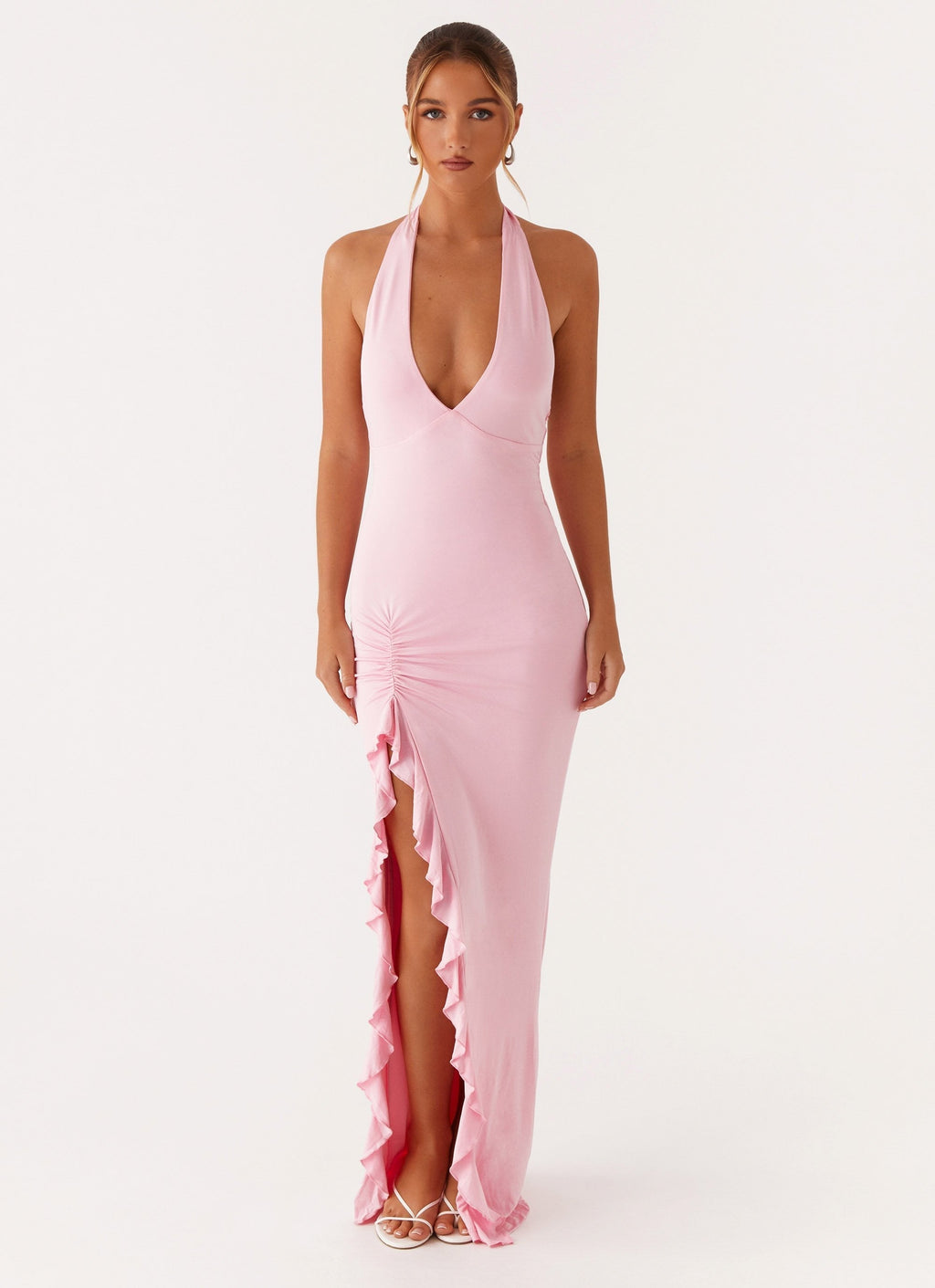 Women's Halter Maxi Dress with Ruffle Thigh Slit and V-Neck - Pink