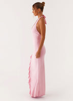 Women's Halter Maxi Dress with Ruffle Thigh Slit and V-Neck - 9