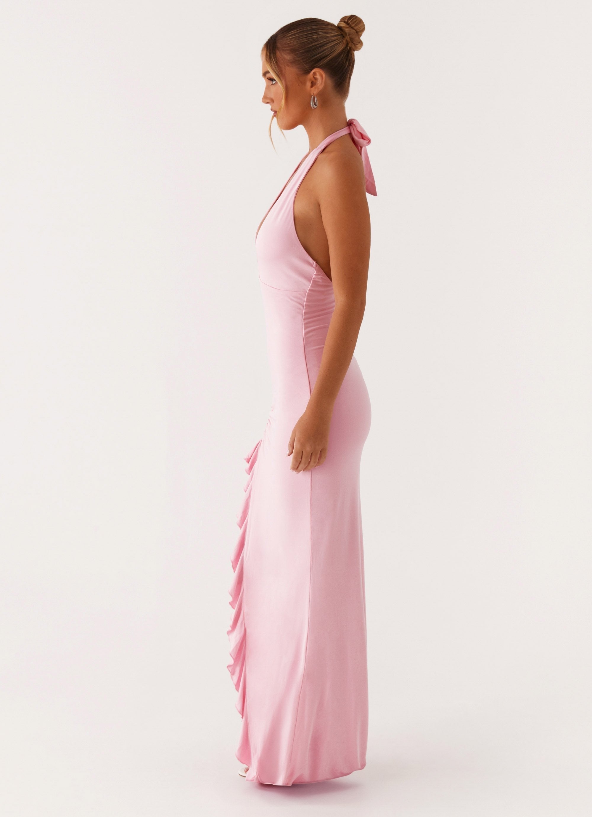 Women's Halter Maxi Dress with Ruffle Thigh Slit and V-Neck - 9