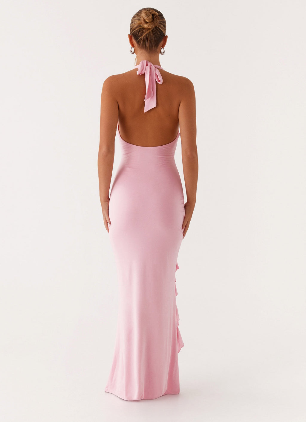 Women's Halter Maxi Dress with Ruffle Thigh Slit and V-Neck - 8