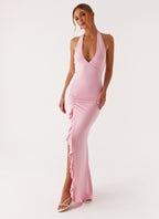 Women's Halter Maxi Dress with Ruffle Thigh Slit and V-Neck - 10