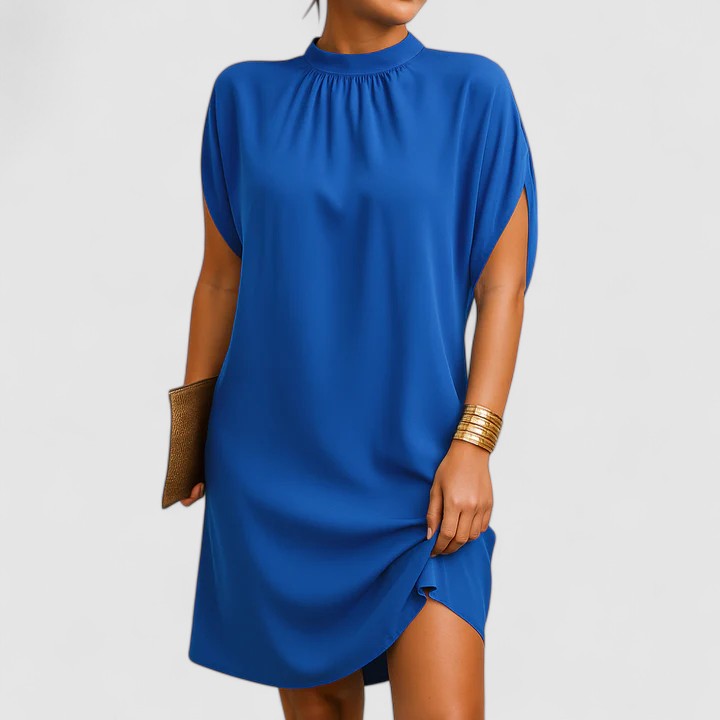 Women's Shift Dress with Ruched Neckline and Shoulder Cutouts - Blue