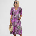 Women's Midi Dress with V-Neck and Short Sleeves - Purple