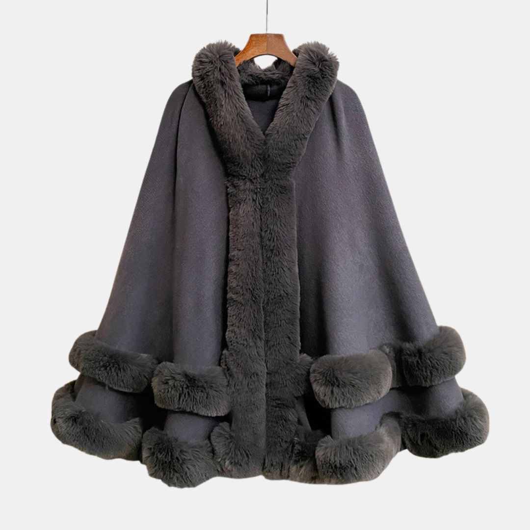 Women's Faux Fur Trim Hooded Knit Cape Coat - Pale Blue