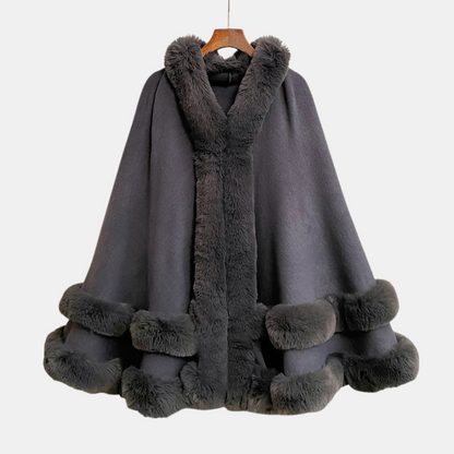 Women's Faux Fur Trim Hooded Knit Cape Coat - Pale Blue