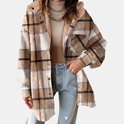 Women's Flannel Hooded Check Shacket Fleece Lined Coat - Parchment