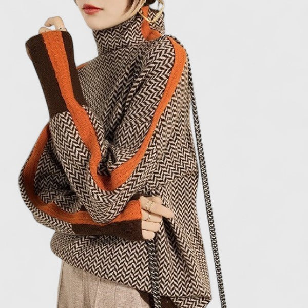 Women's Jumper High Collar with Contrast Stripe - 2