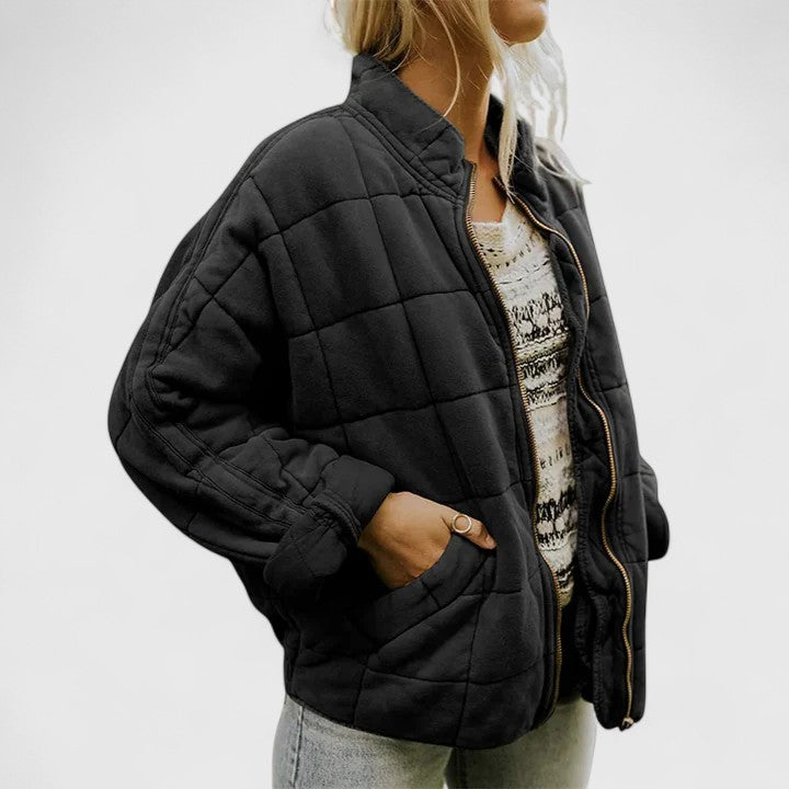 Women's Quilted Jacket with Stand Collar and Zip Fastening - Black