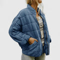 Women's Quilted Jacket with Stand Collar and Zip Fastening - Blue