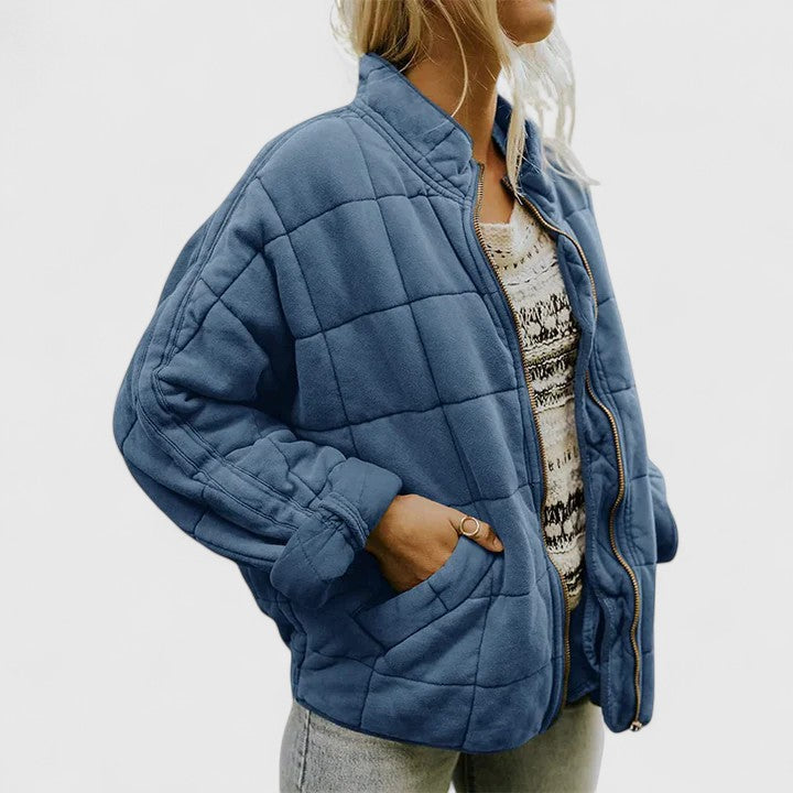 Women's Quilted Jacket with Stand Collar and Zip Fastening - Blue
