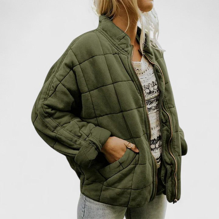 Women's Quilted Jacket with Stand Collar and Zip Fastening - Green