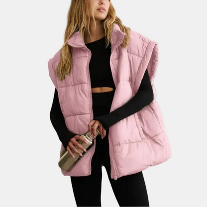 Women's Puffer Gilet Oversized Quilted Sleeveless Stand Collar with Pockets - Pink