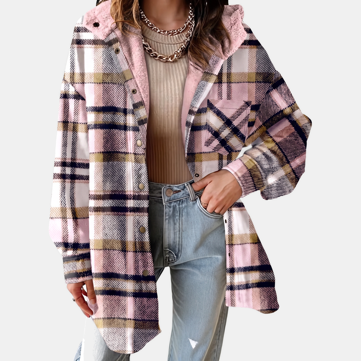 Women's Flannel Hooded Check Shacket Fleece Lined Coat - Pink