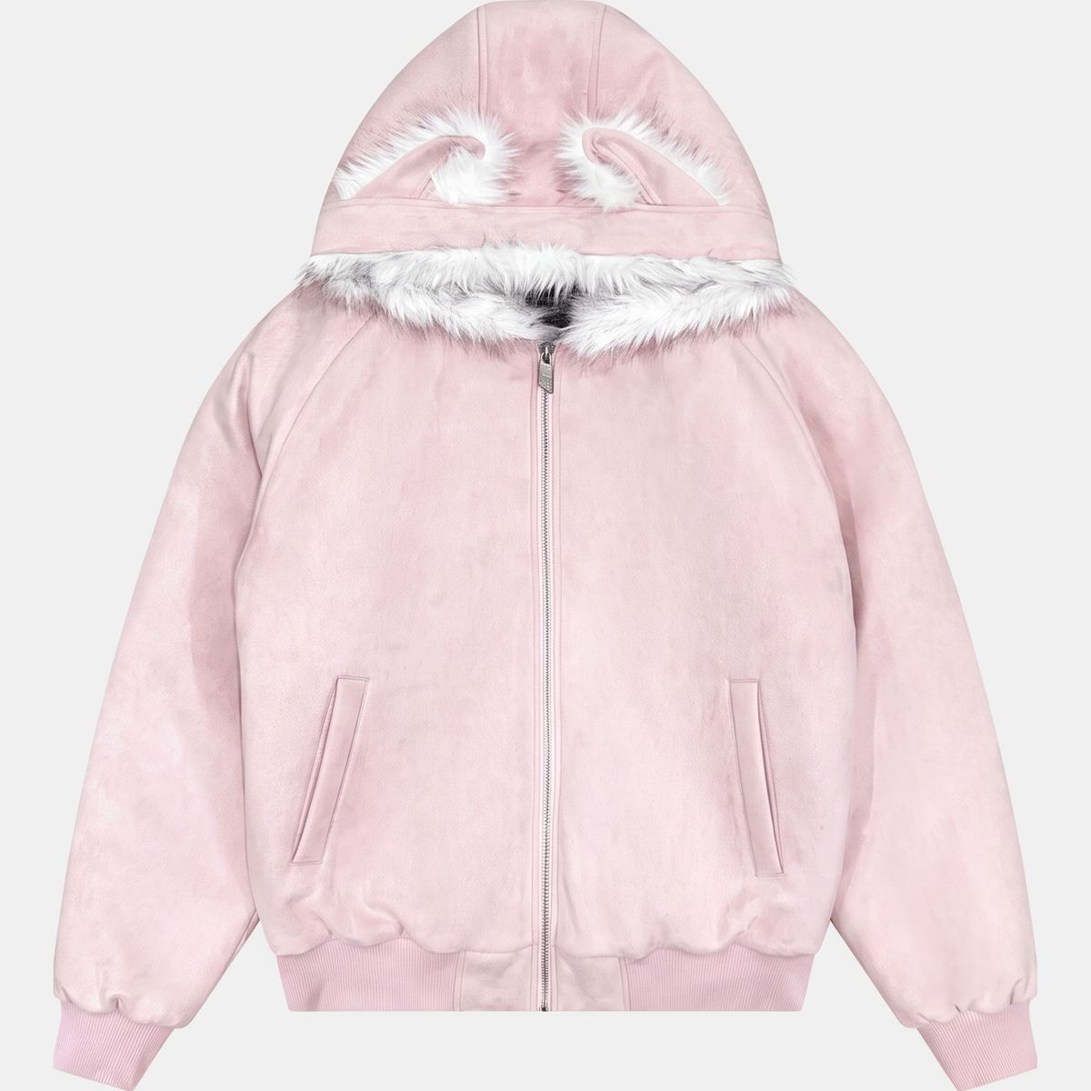Women's Faux Fur Lined Bomber Jacket with Cat Ear Hood - Pink