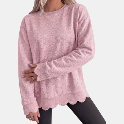 Women's Scallop Hem Crewneck Oversized Sweatshirt - Pink