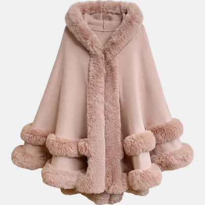 Women's Faux Fur Trim Hooded Knit Cape Coat - Pink