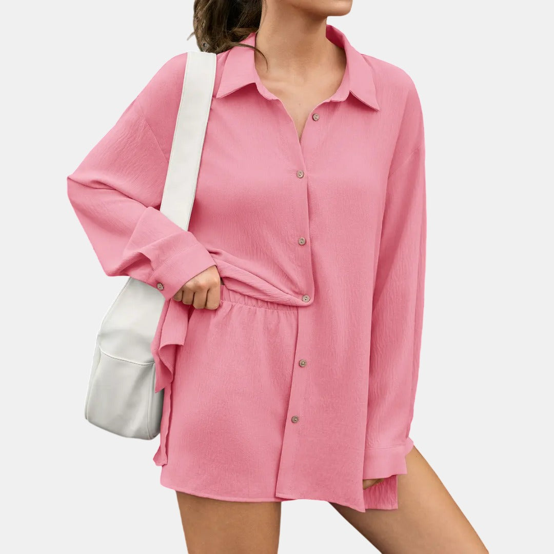 Women's Chic High-Waisted Casual Two-Piece Set - Pink