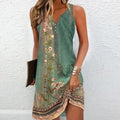 Women's Sleeveless Floral Dress with V-Neck and Shift Silhouette - Green