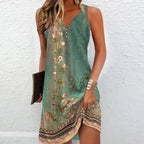 Women's Sleeveless Floral Dress with V-Neck and Shift Silhouette - Green