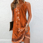 Women's Sleeveless Floral Dress with V-Neck and Shift Silhouette - Orange