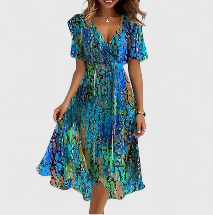 Women's Floral Wrap Dress with Flutter Sleeves and High-Low Hem - Blue/Green