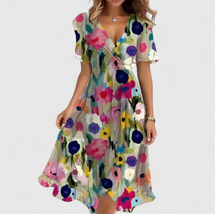 Women's Floral Wrap Dress with Flutter Sleeves and High-Low Hem - Beige Floral