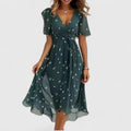 Women's Floral Wrap Dress with Flutter Sleeves and High-Low Hem - Green