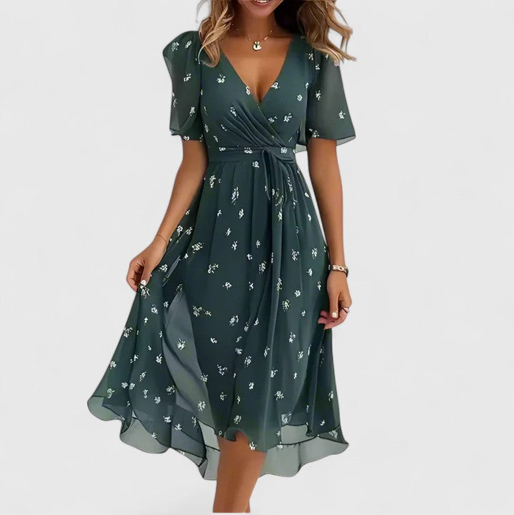 Women's Floral Wrap Dress with Flutter Sleeves and High-Low Hem - Green